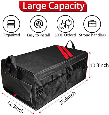 Car Trunk Organizer for Dodge Charger Durango Challenger Ram Collapsible Storage Box with Handle Foldable Lid Non Slip Bottom 2 Compartment Sturdy Base Panel for Dodge Accessories(Red Trim)