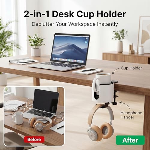 Luxury 2-in-1 Anti-spill Cup Holder with Headphone Hanger (WHITE)