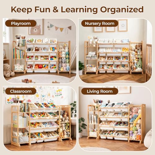 Toy Storage Organizer with Bookshelf and Stuffed Animal Storage, 12 Removable Bins and Open Shelves, Kids Playroom Organizer for Nursery, Bedroom and Living Room, 55.5 Inch Wide