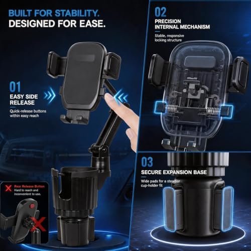 Upgraded Cup Holder Phone Mount for Car - Permanent Screw-Fixed Base (No Wobble), Offset Space-Saving Design,Universal Adjustable Cell Phone Cradle for iPhone, Android, SUV, Truck
