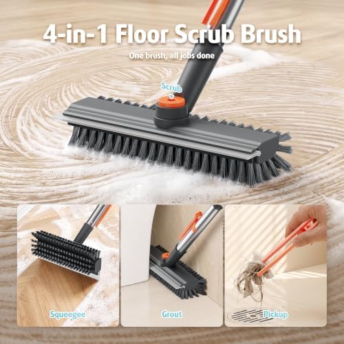 Floor Scrub Brush with Long Handle, 4 in 1 Floor Scrubber & Squeegee