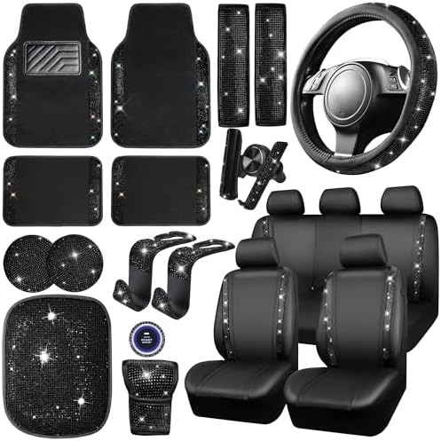 23 PCS Bling Diamond Car Accessories Set for Women, Leather Seat Covers Full Set Floor Mats Steering Wheel Cover, Coasters Seat Belt Covers Phone Holder Universal Fit Car SUV Truck Van Black