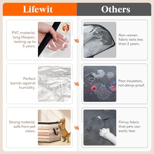 6 Pack Clear Clothes Storage Bags, 60L Plastic Blanket Vinyl Foldable Moving Bags with Zipper, Closet Organizers and Storage Containers for Bedding, Duvet, Pillow