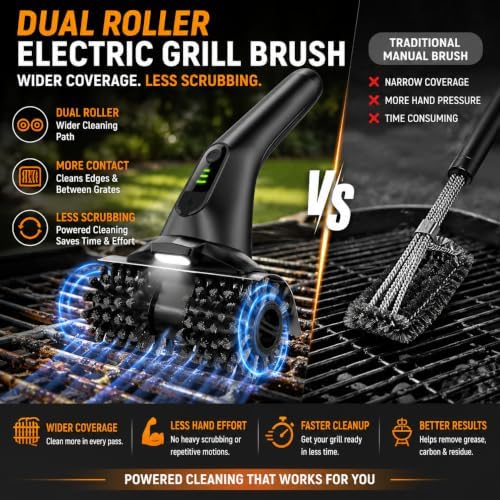 Electric Grill Brush for Outdoor Grill, Dual Roller BBQ Cleaner