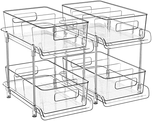 2-Tier Bathroom Organizer with Dividers, Clear Under Sink and Pull-Out Cabinet Organizer for Kitchen and Pantry Storage