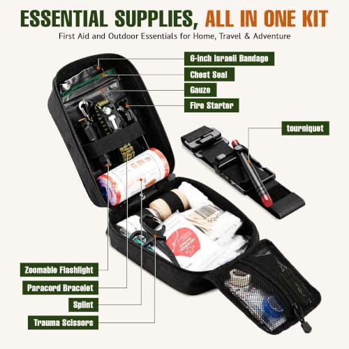 246 Piece First Aid Kit with Tourniquet and MOLLE Pouch, Portable Emergency Supplies and Survival Gear for Camping, Hiking, Travel, Car and Home, Black