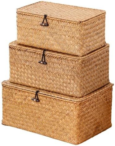 Wicker Storage Basket with Lid,Seagrass Shelf Basket Set of 3,Natural