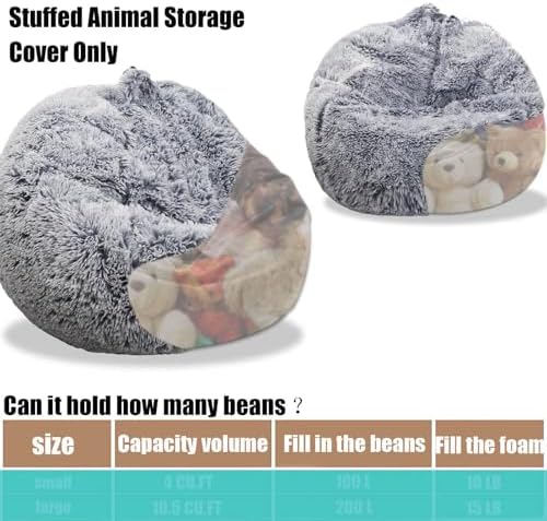 Fluffy Stuffed Animal Storage Bean Bag Chair Cover (No Filler), Faux Fur Comfy Bean Bag Cover for Organizing Plush Toys or Textile, for Adults Teens Kids Girls, Gray