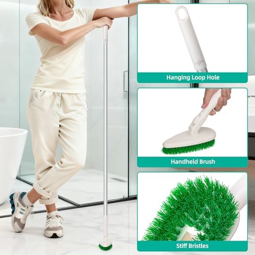 4-in-1 Tub and Tile Shower Scrubber, 51'' Bathtub Cleaning Brush with Long Handle, Soft & Stiff Bristles Bathroom Scrub Brush, Non-Scratch Shower Cleaner Brush for Cleaning