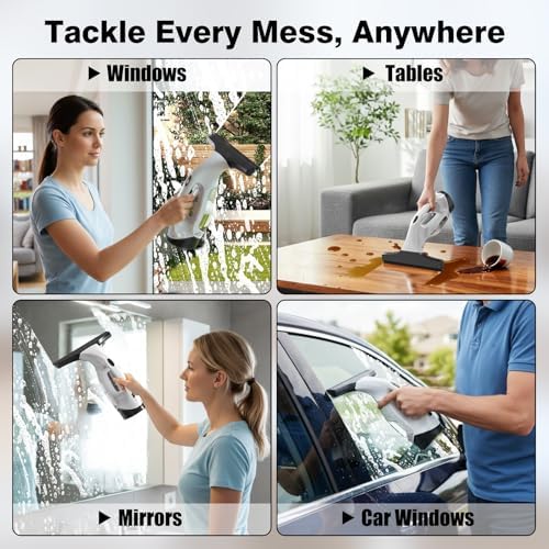 Window Vacuum Squeegee Cordless, 2000Pa Electric Window Cleaner Tool with 2200mAh & 150ml Water Collection Tank, Handles Cleaning Kit Shower Squeegee for Glass Doors, Tiles, Mirrors, Car