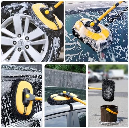 43'' Car Wash Brush with Long Handle Chenille Microfiber Car Wash Kit Mitt Retractable Bent Pole Car Wash Mop for Cars RV Truck Boat (yellow-01)
