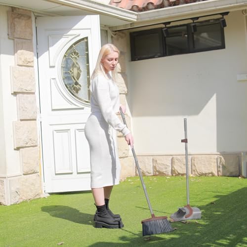 Broom with Dustpan Combo Set, 50.6 inch Long Handle, Upright Standing Broom and Dustpan Set Quiet Cleaning Tool Sweep the Floor Dust pan Removes 4 Times More Pet Hair(Brown and Gray)