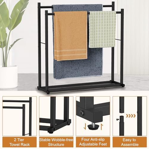 Towel Racks for Bathroom, 2 Tiers Wider Towel Drying Rack Outdoor, Free Standing Towel Rack, Pool Towel Blanket Stand and Display Rack for Oversized Bath Towels, Black