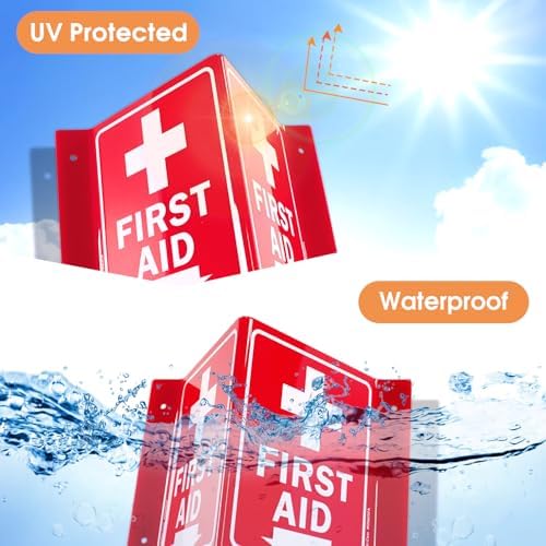 First Aid Sign, 5 Pack First Aid with Cross Symbol - 6 x 8 Inches V-Shaped Acrylic Plastic, 4 Pre-Drilled Holes, Includes Matching Screws, Use for Home Office/Business