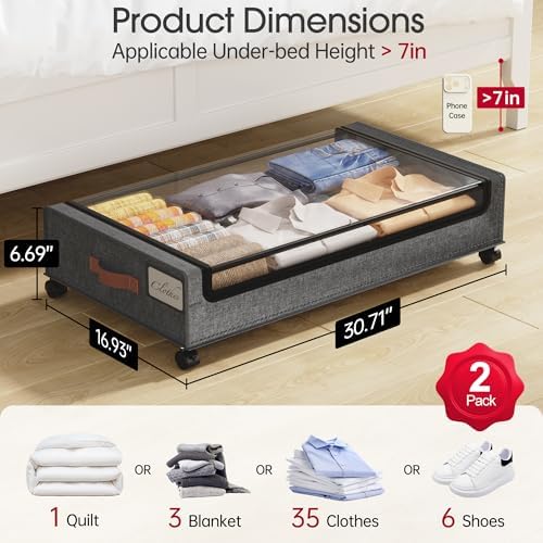 Under Bed Storage with Wheels, 2 Pack Under Bed Storage Containers, Rolling Under Bed Shoe Storage Organizer, 30.71 x 16.93 x 6.69 in