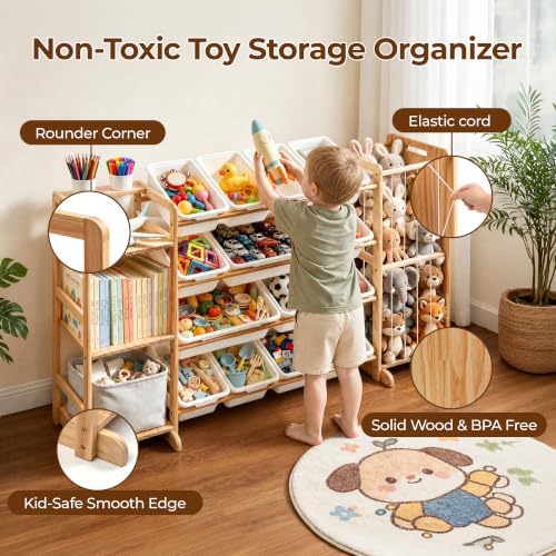 Toy Storage Organizer with Bookshelf and Stuffed Animal Storage, 12 Removable Bins and Open Shelves, Kids Playroom Organizer for Nursery, Bedroom and Living Room, 55.5 Inch Wide