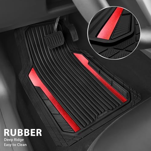 Heavy Duty Rubber Car Mats Metallic, Aluminum Film All Weather Floor Mats Waterproof Universal Trim to Fit Automotive SUV Sedan Van 4 Piece Anodized Deep Dish Two-Tone Sporty Black Red Chrome
