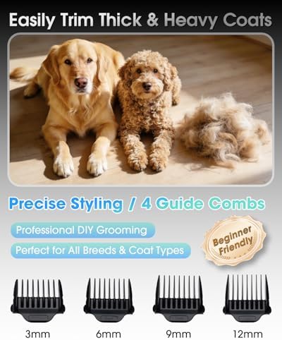 Dog Grooming Kit, Low Noise Dog Clippers, 2-Speed IPX7 Waterproof, Rechargeable Cordless Pet Hair Clippers Trimmer Shaver with LED Display for Dogs and Cats, Gold
