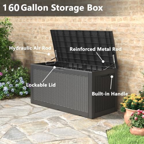 160 Gallon Deck Box,Lockable Outdoor Storage Box Gas Lift,Waterproof,Black