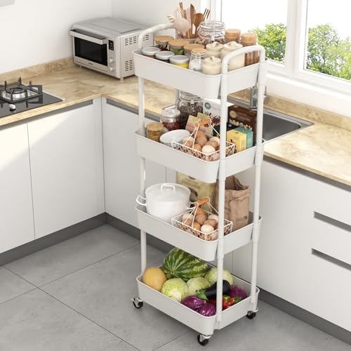 4-Tier Plastic Rolling Utility Cart with Wheels for Storage,White