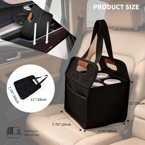 2 Pack Reusable 4 Cup Drink Carrier with Handle and Detachable Dividers, Portable Drink Carrier, Foldable Coffee Cup Holder for Hot & Cold Drinks (Black)