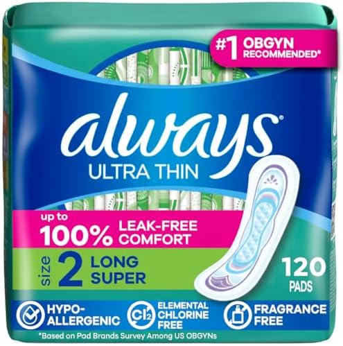 Always Ultra Thin Feminine Pads Without Wings for Women, Size 2, Long Super Absorbency, Unscented, 40 Count x 3 Pack (120 Count Total) (Packaging May Vary)