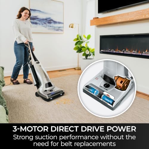 Elite 31150 Pet Friendly Bagged Upright Beltless Vacuum w/Pet Handi-Mate, Triple HEPA, 3D Inducer Motor, Telescoping Wand, 5-Position Height Adjustment, 3 Cleaning Tools-Silver