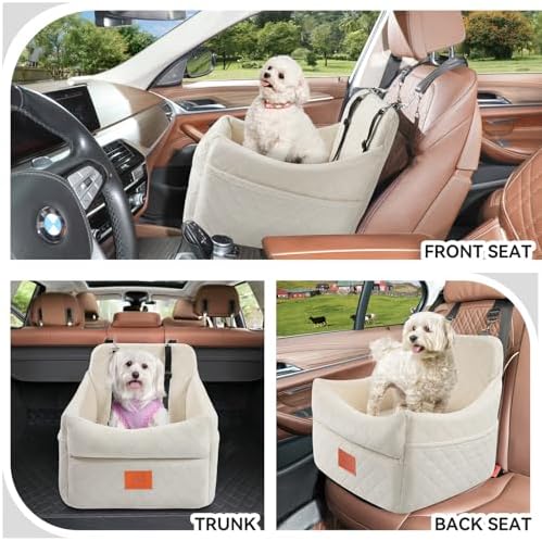 Dog Car Seat for Small/Medium Dogs, Dog Booster Car Seats with Thick Cushion for Dogs Under 35lbs, Detachable Washable Pet Carseat with Storage Pockets, 2 Safety Belts(Beige)