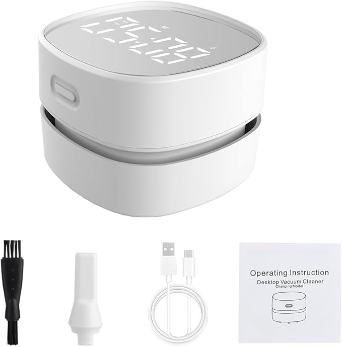 ODISTAR Counter Vacuum Cleaner,Mini Table dust Sweeper Energy with Digital Timer,Endurance up to 400 mins,360º Rotatable for Cleaning Rubber shavings,Crumbs Keyboard of Gifts for Kids(White)