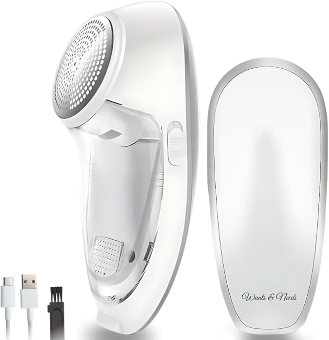 Fabric Shaver, Lint Remover, Rechargeable Lint Shaver with Durable Sharp Blades for Clothes & Upholstery - USB Charging Cable Included - Travel-Friendly & Ergonomic Design - Wants & Needs White Color