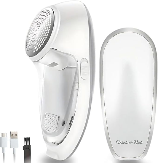 Fabric Shaver, Lint Remover, Rechargeable Lint Shaver with Durable Sharp Blades for Clothes & Upholstery - USB Charging Cable Included - Travel-Friendly & Ergonomic Design - Wants & Needs White Color