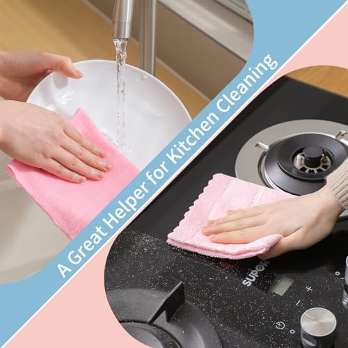 80 Pack Microfiber Cleaning Cloth Roll,Lint Free Rags Paper Towels & Tear Away Reusable Towels,Washable Shop Rags,Wash Cloths Dish Rags(12" x 12") for Car Kitchen Window Garage-Pink