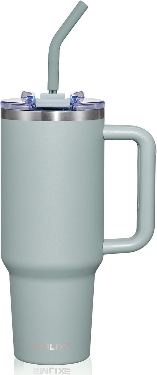 40 oz Tumbler with Handle and Straw Lid,Insulated Reusable Stainless Steel Water Bottle Travel Mug，Cupholder Friendly Double Wall Vacuum Sealed Cup (Shale)