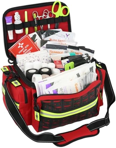 Mid-Sized First Responder EMT Bag | LXMB25 Fully Stocked Aid Kit w/ 200+ BLS Supplies - RED