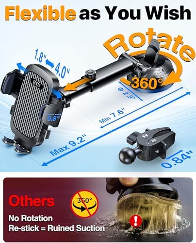 2026 Ultimate Best【True Military-Grade & Safety Cert】Car Phone Holder 【Upgraded 360° Rotation & 100LBS Strongest Suction】5-in-1 Truck Windshield Dashboard Vent Mount Stand for iPhone Android, Black