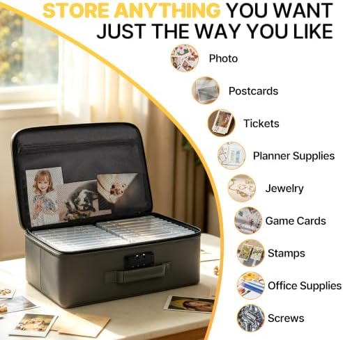 Photo Storage Box with 18 Inner Photo Case, Photo Organizer Box with Lock, PU Storage Containers with Handles & Lid, Keepsake Box for Home, Office, Travel, Pictures & Memories Storage Cards, Grey