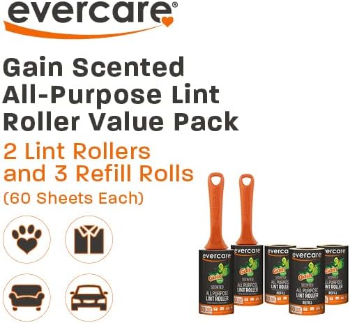 Evercare Gain Scented All-Purpose Lint Roller Value Pack with 2 Lint Rollers and 3 Refill Rolls, 60 Sheets Each