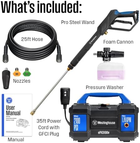 Westinghouse ePX3100v Electric Pressure Washer, 2100 Max PSI 1.76 Max GPM, Built-in Carry Handle, Detachable Foam Cannon, Pro-Style Steel Wand, 3-Nozzle Set, for Cars/Fences/Driveways/Home/Patios