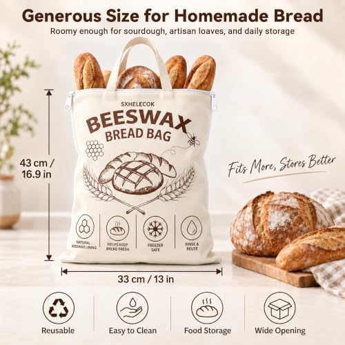 2 Pack Beeswax Bread Bag, Reusable Sourdough Storage, Zipper