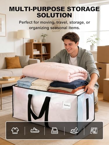 Supports 200lbs Heavy Duty Moving Bags - Strong Zipper & Wrap-Around Handles - Water-Resistant Storage Totes, Durable Alternative to Moving Boxes - 12 Pack - Semi-Transparent