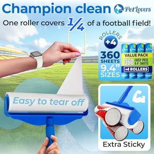 Large Lint Roller with 3 Refills – 360 Total Sheets for Tackling Pet Hair, Extra Large Floor and Carpet Roller for Homes with Pets, Perfect for Floors, Furniture, and Loving Pet Owners