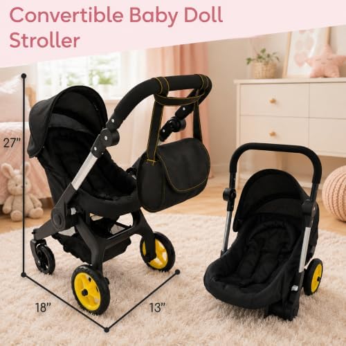 Baby Doll Car Seat Stroller Combo – Convertible 2 in 1 Doll Stroller and Car Seat for Kids – Fits Up to 20” Dolls – Play Toy Baby Stroller with Adjustable Handle for Girls (Black)