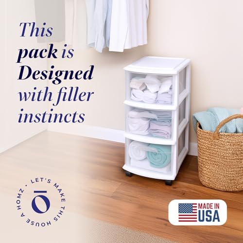 Drawer Tower, 3-Tier Storage Cart with Removable Wheels, White Frame