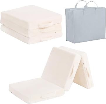 Tiita Kids Floor Mat- Kids Trifold Plush Futon Mat, Portable Foldable Play Mat for and Playtime, Plush Beige