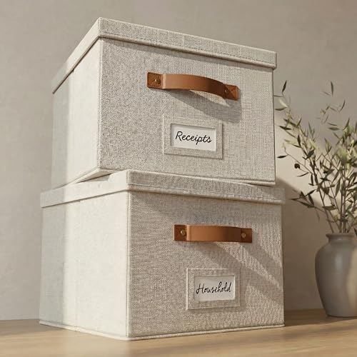 Decorative File Organizer Box Set of 2 - Collapsible Linen Filing Cabinets