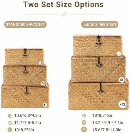 Wicker Storage Basket with Lid,Seagrass Shelf Basket Set of 3,Natural