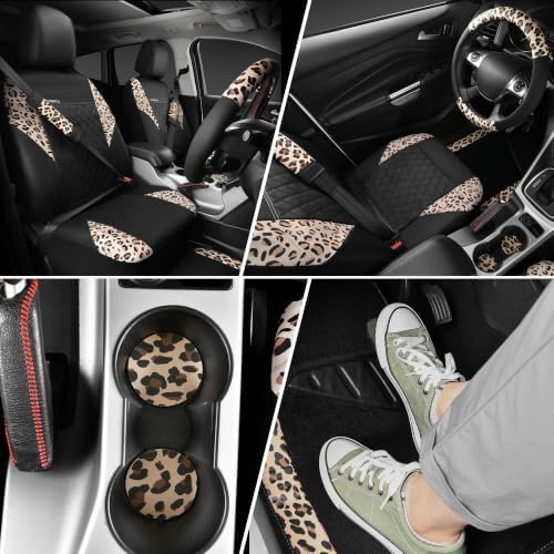Leopard Print Faux Leather Car Seat Covers & Leopard Car Mats&Leopard Steering Wheel Cover Seat Belt Pad Universal Car Accessories for SUV,Van,Saden,Truck Automobile Interior Sets