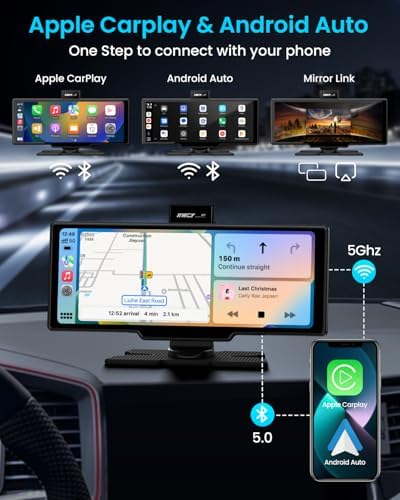 IK7 10-Inch Wireless Apple CarPlay Screen, Android Auto, 4K Dash Cam