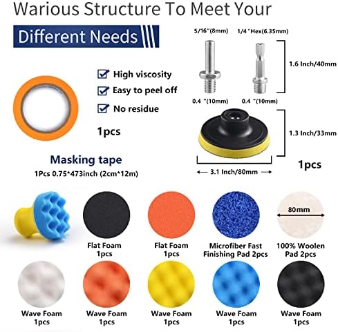 120Pack 3 Inch Polishing Pad for Drill Sanding Attachment Variety Kit with 5/16" and 1/4" Shanks for Car Buffer Polisher Waxing Sealing Glaze, Sanding Pads Includes 80-3000 Grit