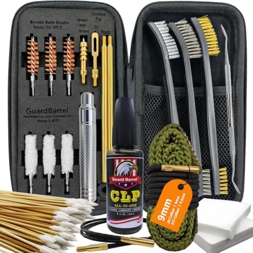 9mm Gun Cleaning Kit with 30ml Oil, Snake & Bronze Brush with Portable Case